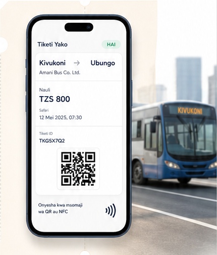 A digital ticket on a phone in front of a city bus